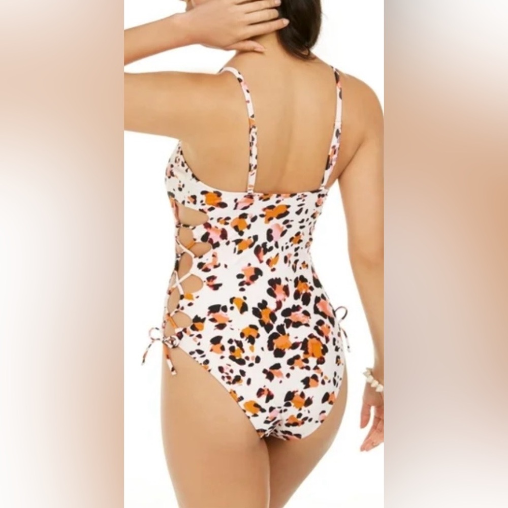 Hula Honey Women's One Piece Swimsuit Pink Animal Print Lace Up Side Deep V Smal - Picture 3 of 9